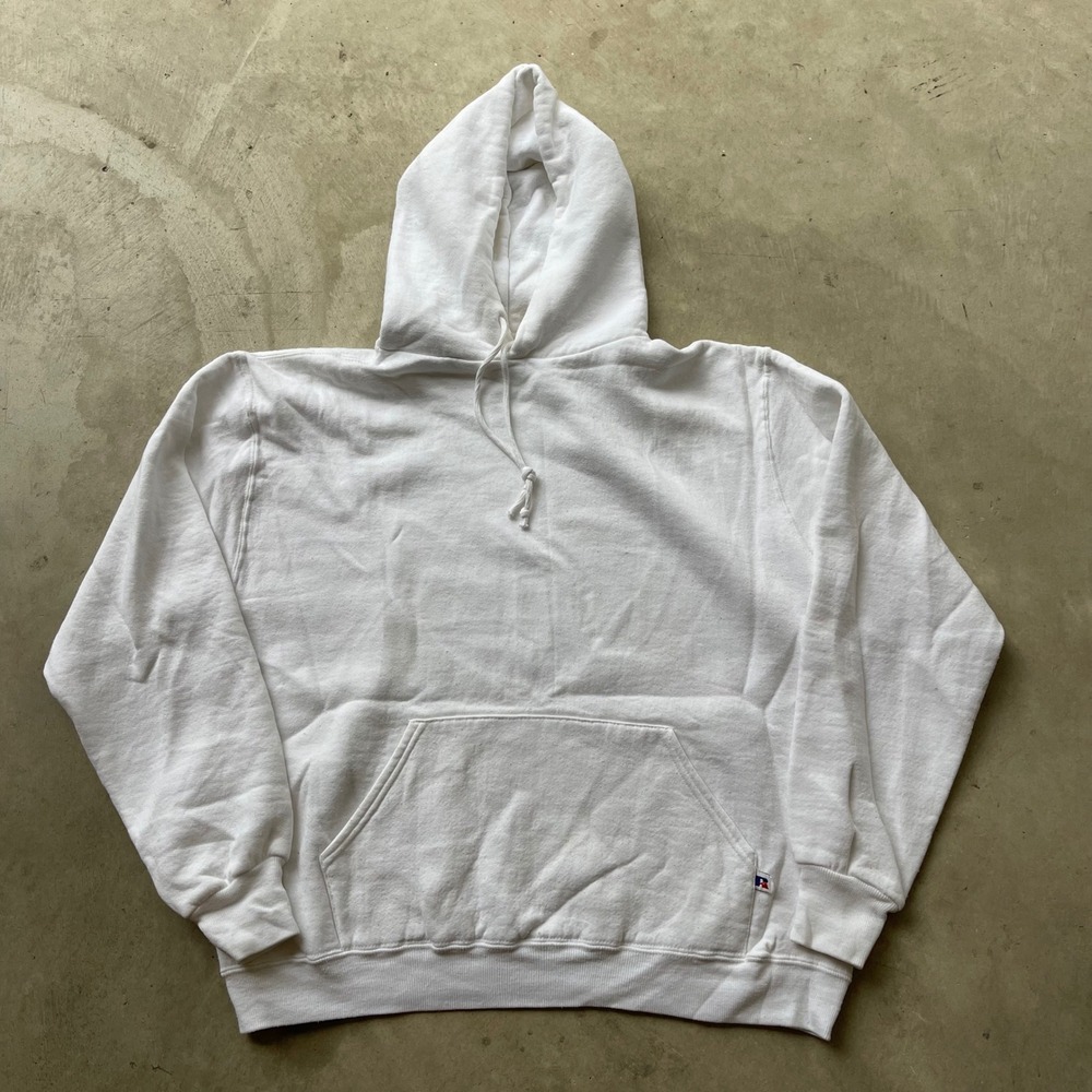 Vintage Russell Athletic White Hoodie Sweatshirt Made in USA Mens Large